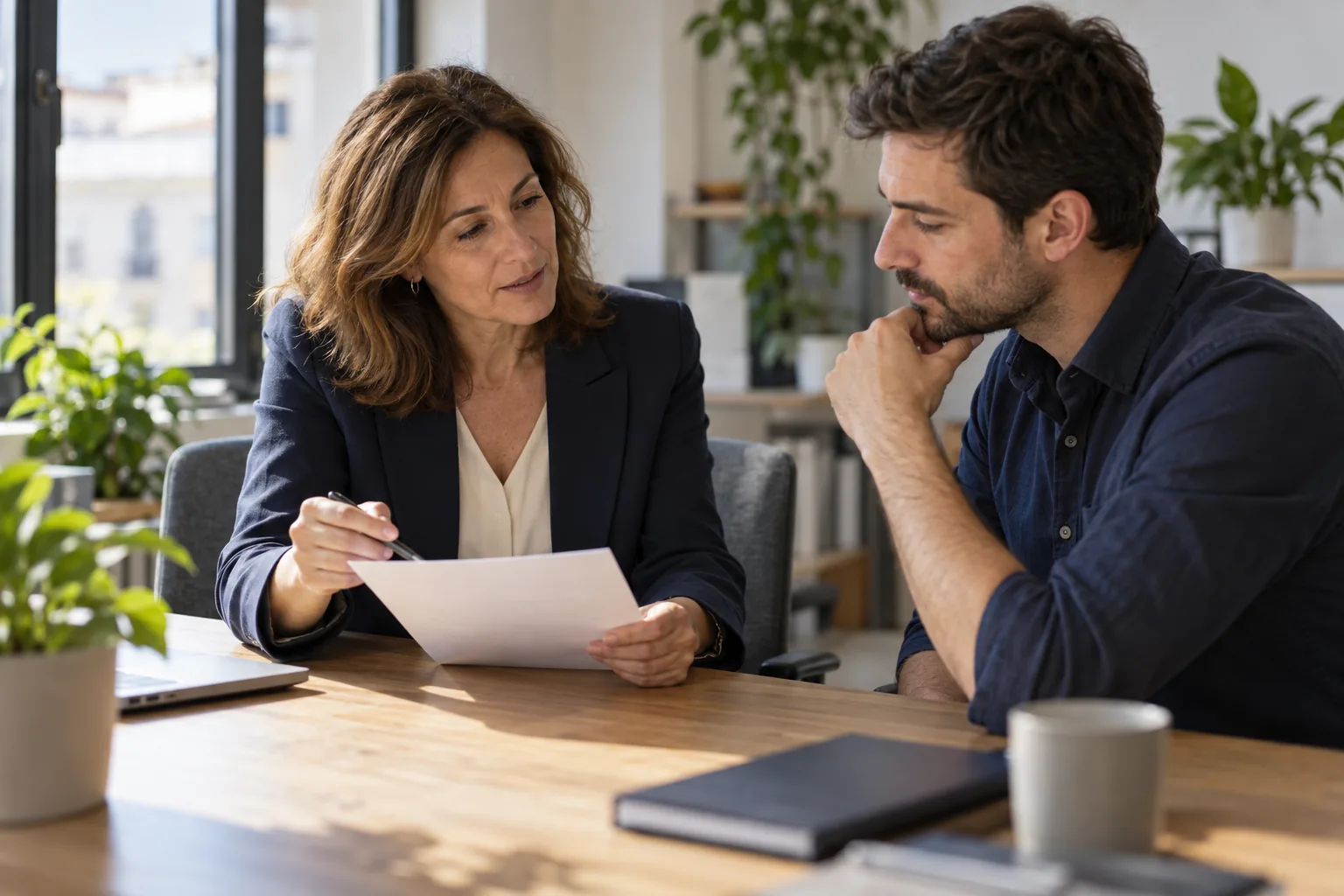 Dos profesionales revisan juntos un plan de trabajo en una mesa